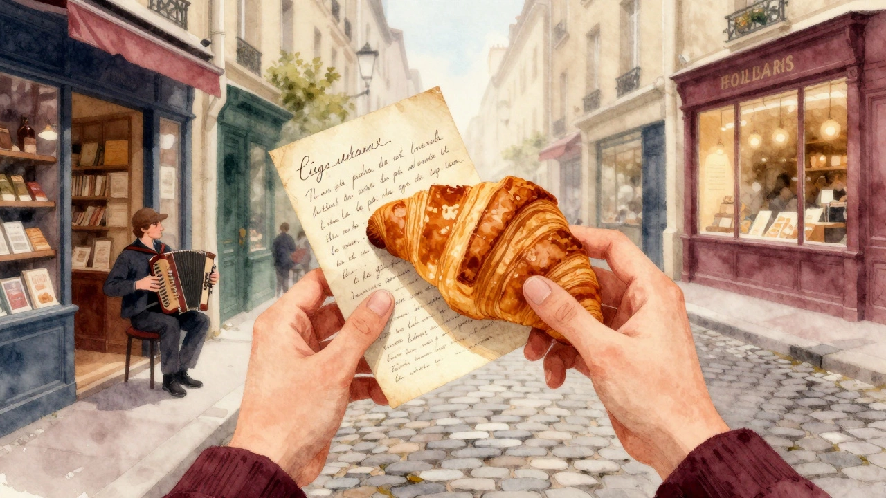 A traveler&#039;s hands hold a croissant as translucent memories of hidden Paris moments float around them.
