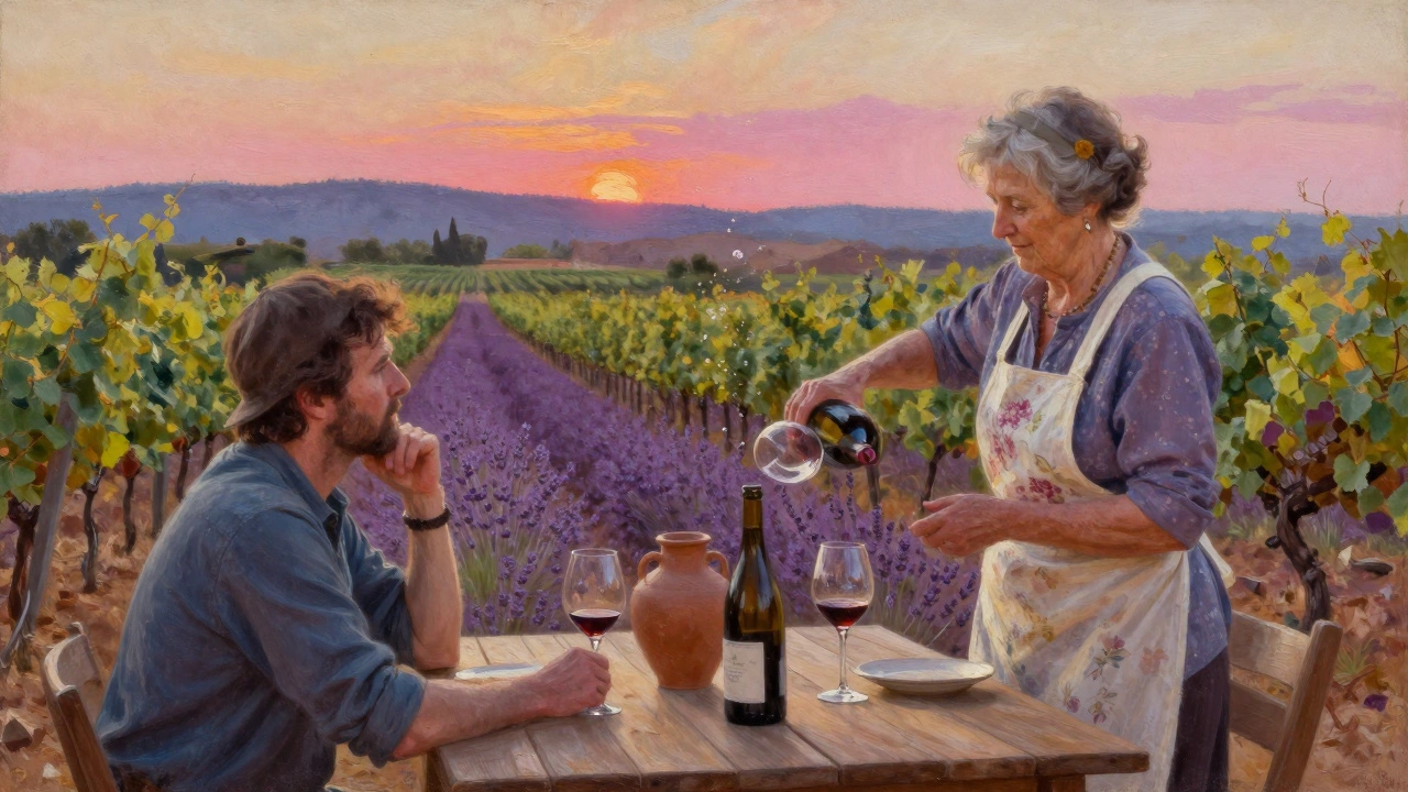 An elderly woman pours wine for a traveler in a hidden Provence vineyard at sunset, lavender fields behind them.