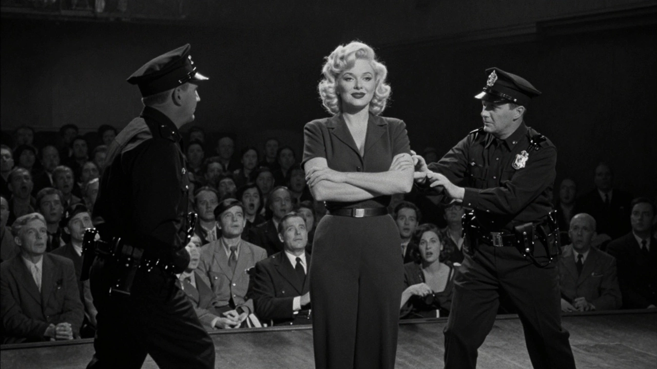 Mae West standing defiantly on stage as police approach during her arrest for the play &#039;Sex,&#039; bathed in a single spotlight.